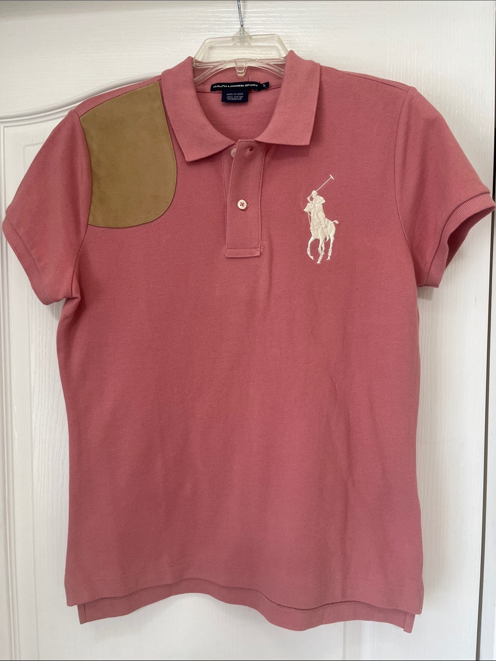 Ralph Lauren Mauve Pink Polo with Tan Shoulder Patch and White Pony, L